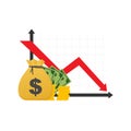 Money loss. Cash with down arrow stocks graph, concept of financial crisis, market fall, bankruptcy. Vector illustration. Royalty Free Stock Photo